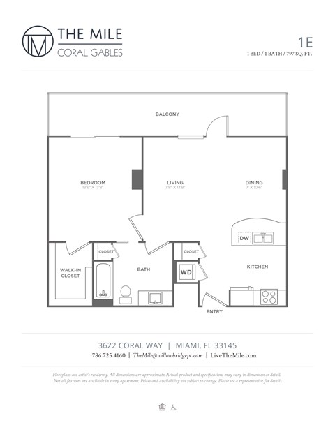 Floor plan for 1 bed, 1 bath, 797 sqft